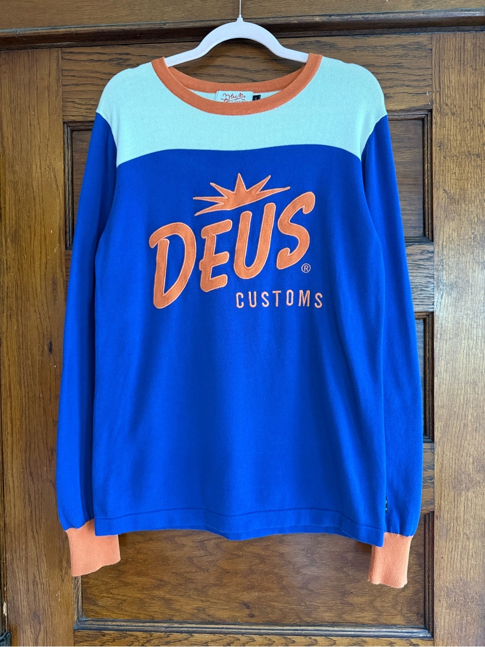 DEUS EX MACHINA Customs 100% Cotton Crew Neck Sweater Colorblock Logo Sunray XS